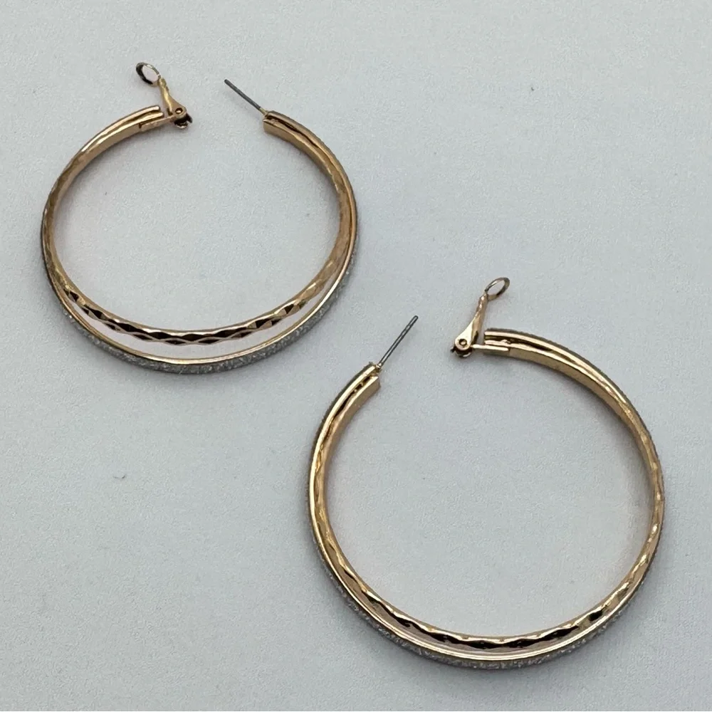 Gold Tone Glitter Hoop Earrings Textured Large Statement Hoops Bold Sparkle